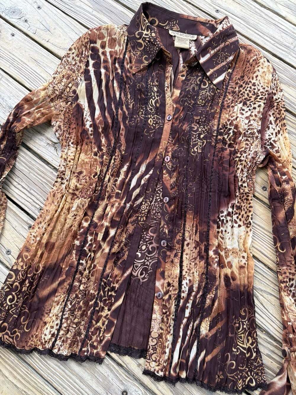 Notations Women's Size L Brown Animal Print Pleated Button Down Shirt